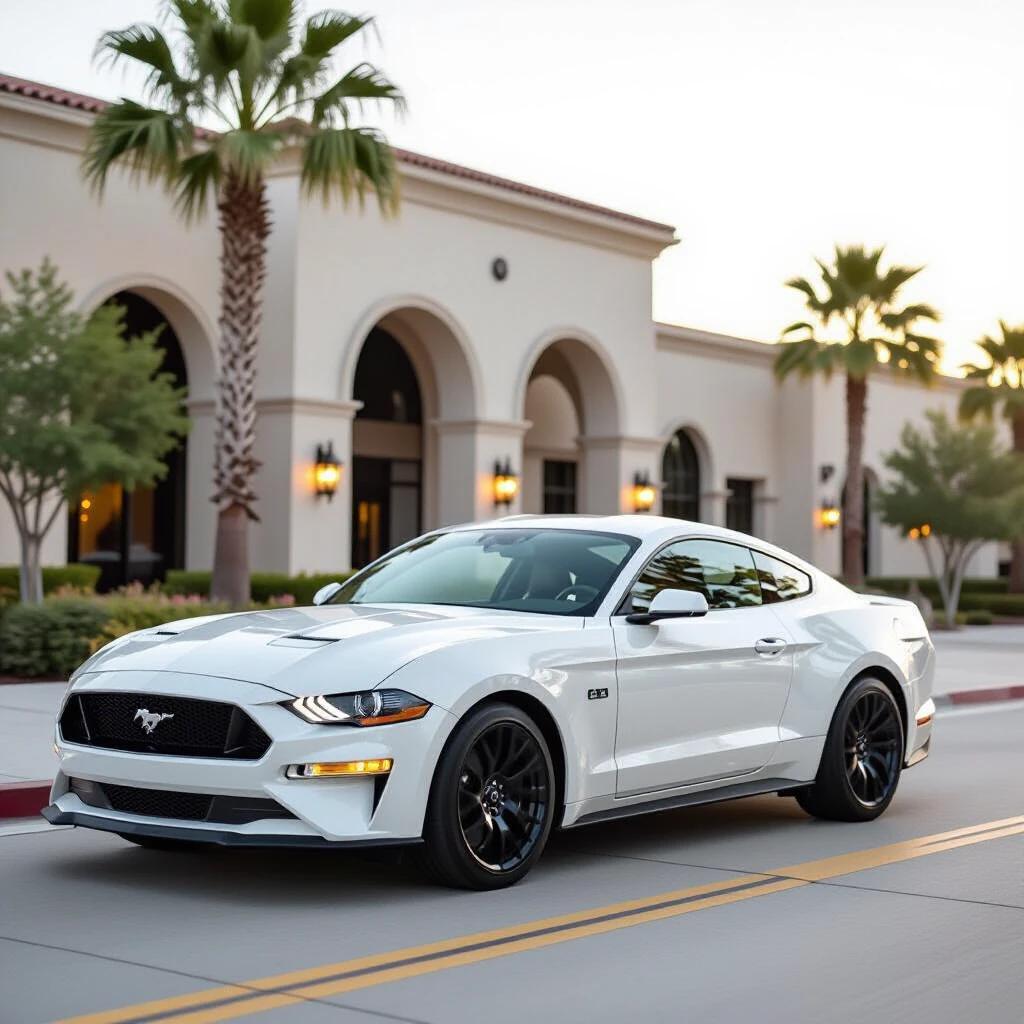 White Mustang parked on a street near palms. Car shown in a sunset setting with elegant buildings in background.