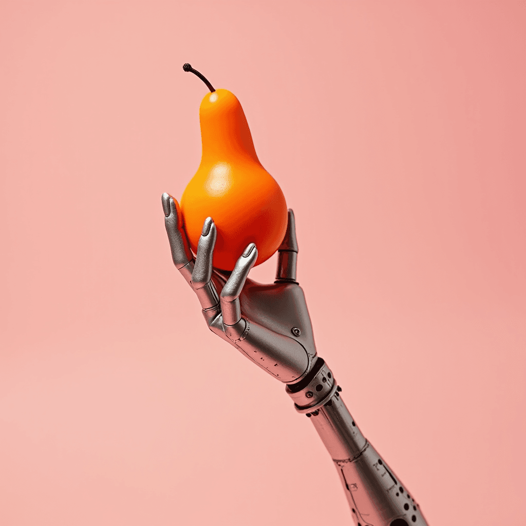 A robotic hand gracefully holds an orange pear against a soft pink background.