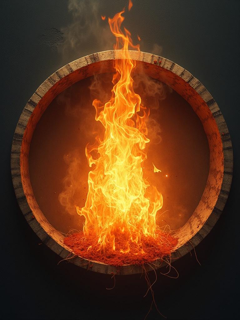 Circular frame surrounds a flame. Flame symbolizes inner strength. Represents self-worth and essence. No need for others' approval for value.