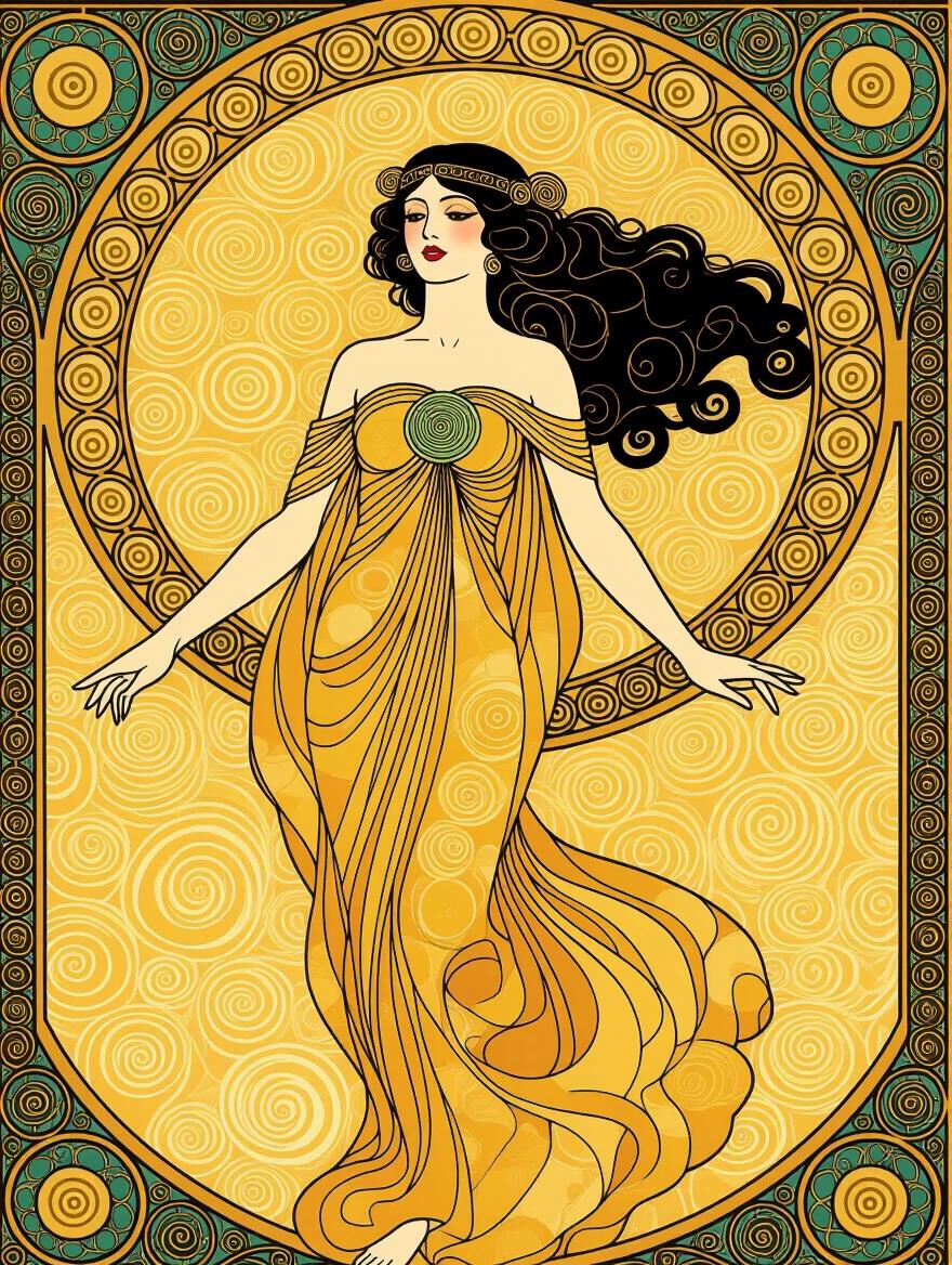 Mythological woman floating in golden mist. Body adorned with symbolic motifs. Mosaic spirals surround the figure. Surreal atmosphere created by decorative abstract forms. Art Nouveau style inspired by Gustav Klimt. Mystical light shines on the subject. Gold and jewel tones dominate the color scheme.