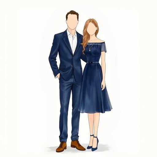 Stylized watercolor illustration of a couple. Man in dark blue suit and brown shoes. Woman in dark blue dress and heels. Faces are blank with no details. Soft brush strokes. Minimal pale background. Modern and artistic style.