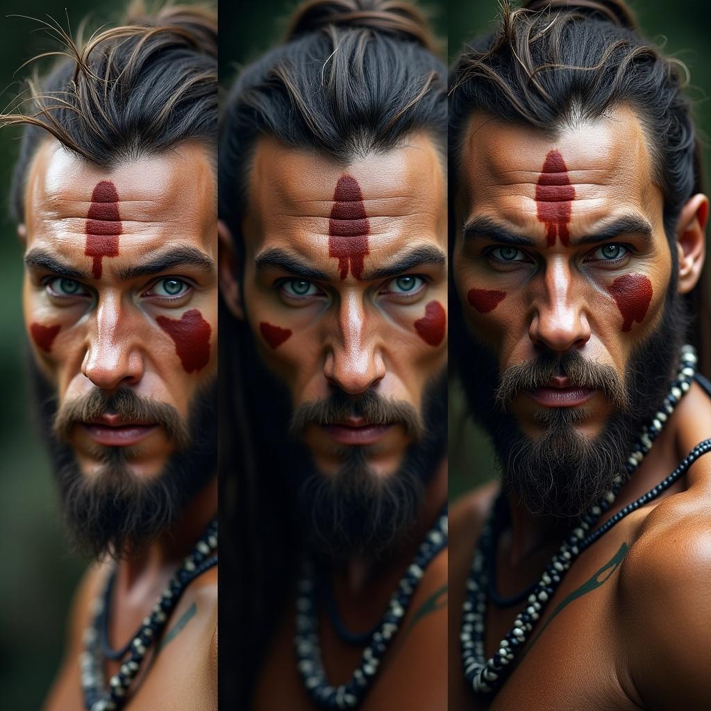 Portraits showcasing a rugged barbarian with painted face and dramatic facial expressions. The model has long hair and a beard, adorned with tribal markings and accessories, set against a natural background.