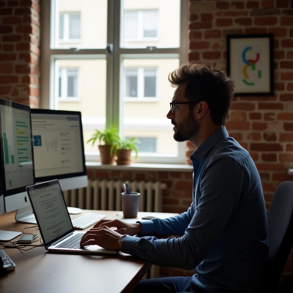 Side view of a man using a laptop on a desk. The desk has two computer screens and plants in the background. Natural light illuminates the room.