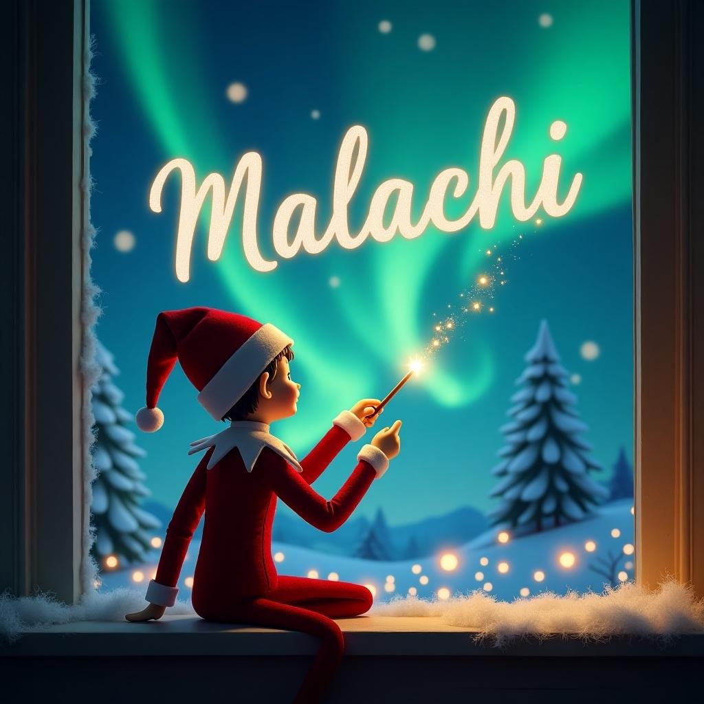 Elf facing the sky. Uses a wand to write in the sky. Magical Christmas background features northern lights. Santa appears. Name 'Malachi' appears in the sky. Elegant writing style.