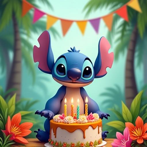Stitch character in tropical park celebrating birthday with colorful cake and candles surrounded by flowers and flags. Text says Skye is 5.