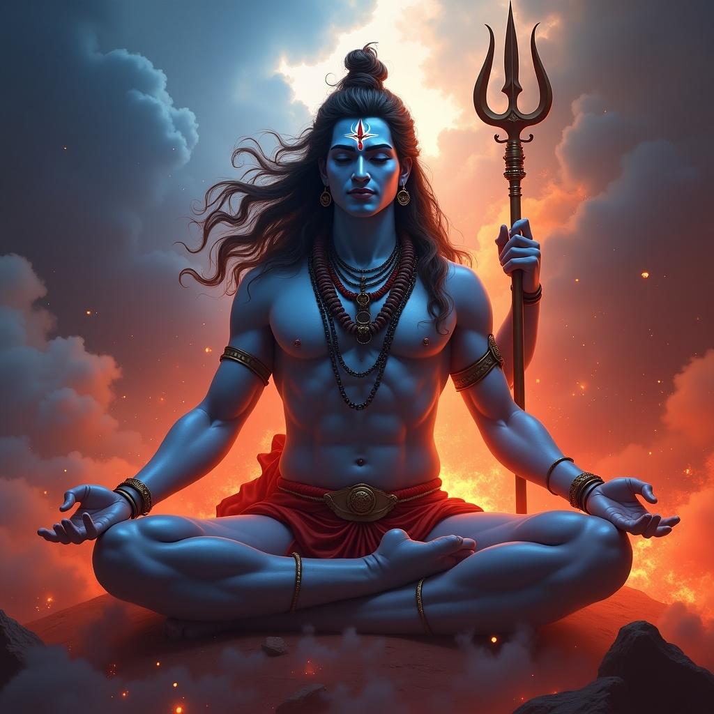 Digital painting of Lord Shiva with a celestial background. He has long flowing hair and a trident. Calm meditative expression. Surrounded by fire, clouds, and smoke. Lighting emphasizes his power.