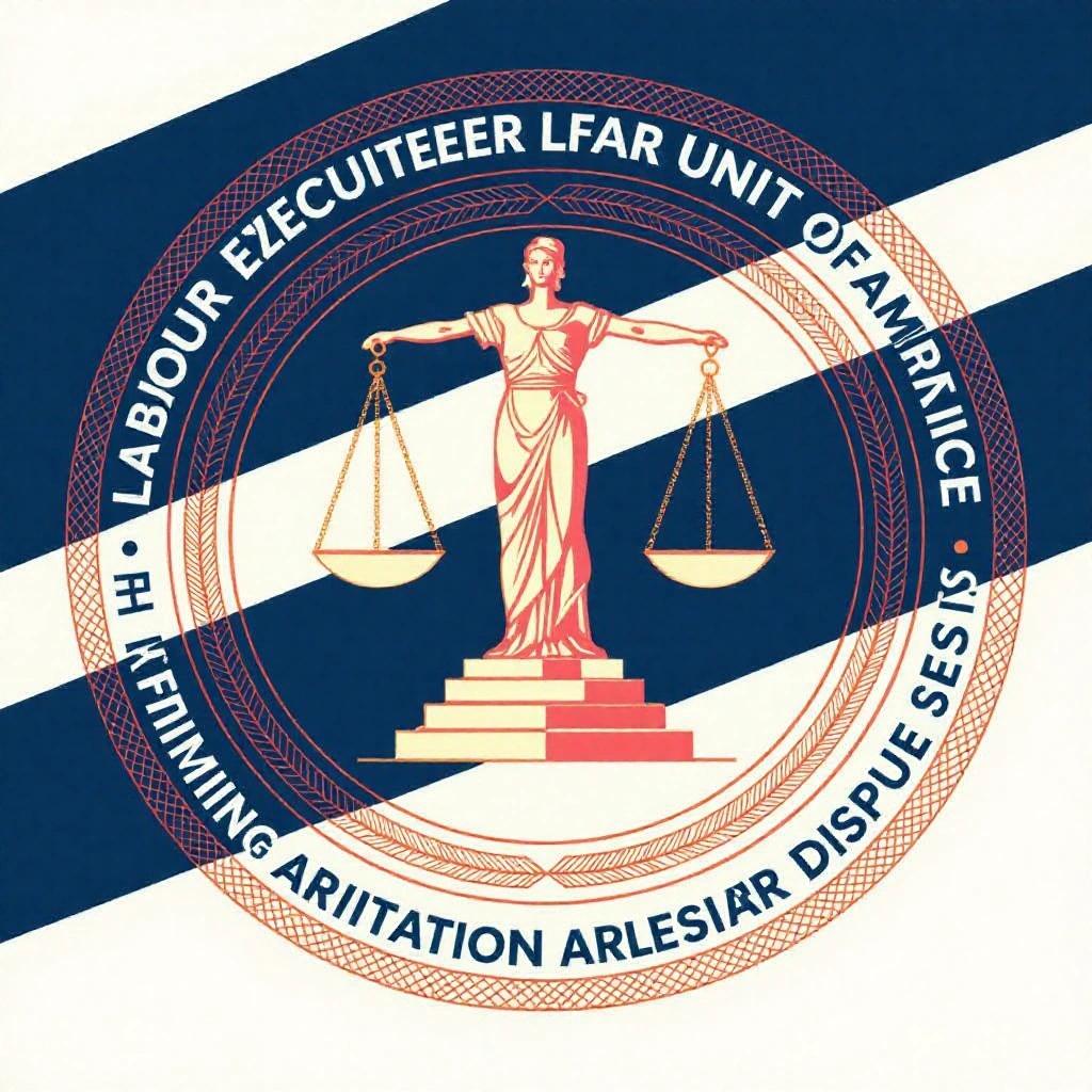 Professional logo design for Labour Execution Unit focusing on mediation and arbitration in labour disputes. Features symbols of justice like scales and uses a modern color scheme with blue and red elements.