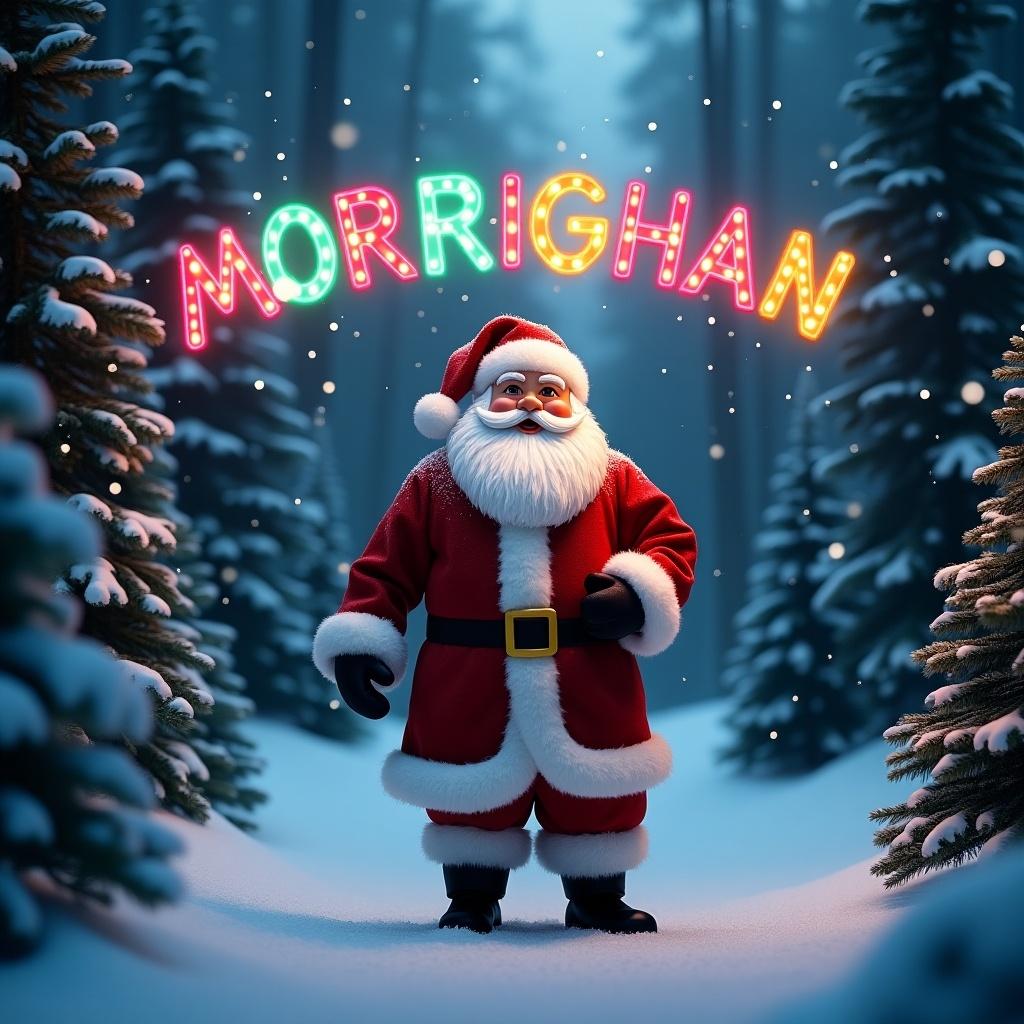 Magical Santa Claus figure in a snow-covered forest. Name Morrighan displayed in glowing lights. Bright festive colors and soft light create an enchanting holiday scene.