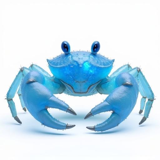 Character design of a blue crab made of translucent crystals. The crab has ice pincers and showcases inner bioluminescence. The image is photorealistic with a white background.