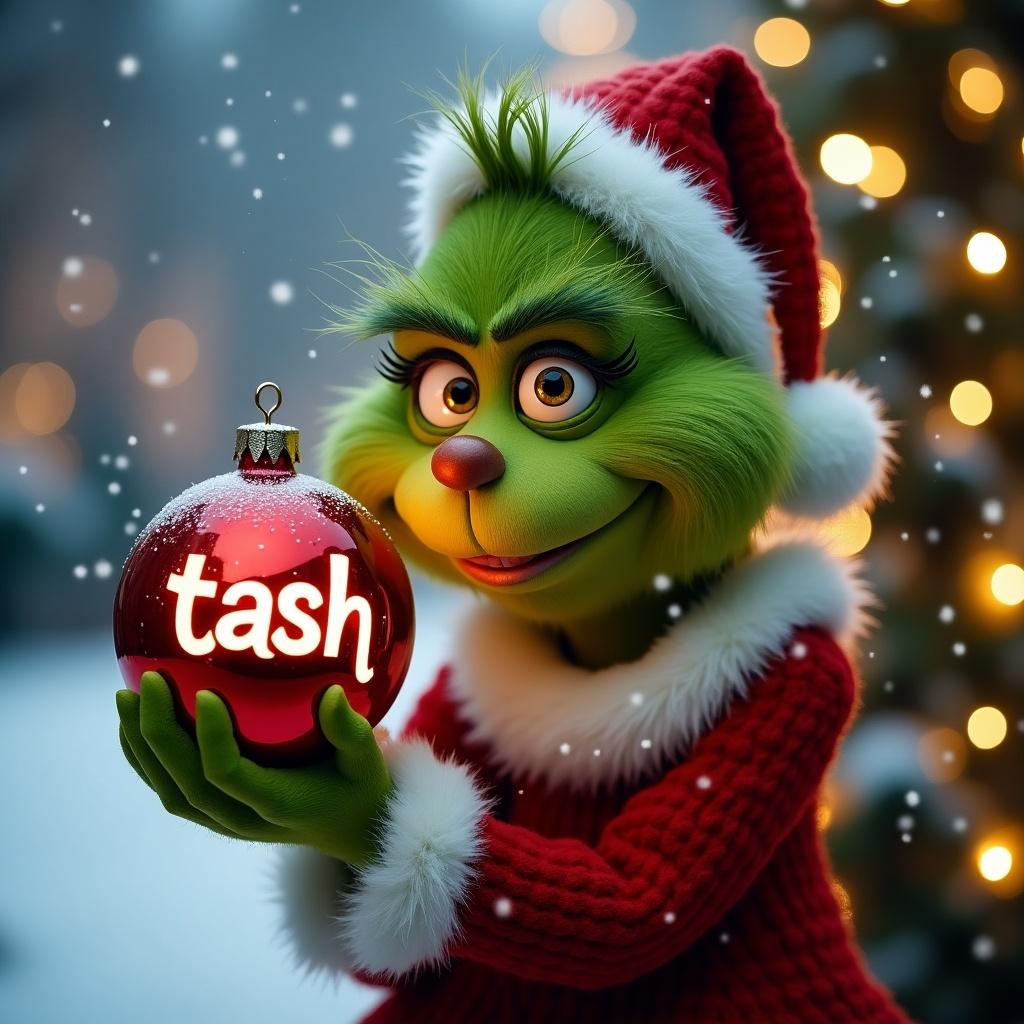 Grinch character holds Christmas bauble with name tash snowing background decorated with Christmas lights