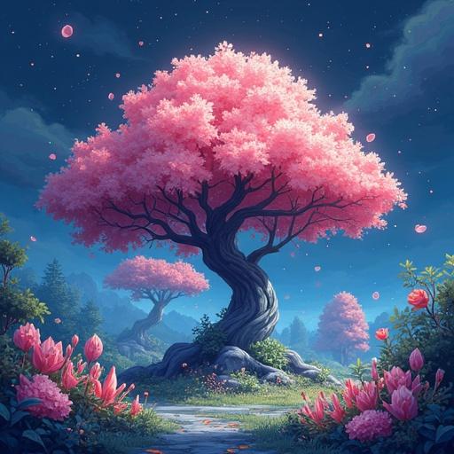 Fantasy kingdom with crystal elements. Large pink trees with crystal flowers. Bright colors and dreamy atmosphere. Pathway leading through lush crystal grass. Overall whimsical and magical vibe.