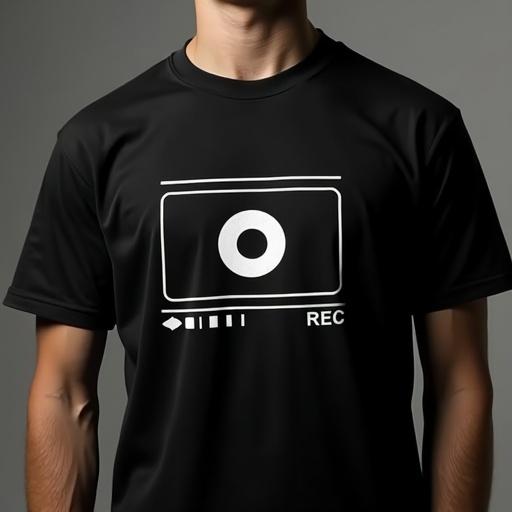 A black premium cotton t-shirt features a graphic print resembling a paused video frame. A large aperture symbol is centered within a minimal camera viewfinder frame. The design includes a timecode bar and a small 'REC' corner note. All elements are white or light gray with clean vector edges. The mood is contemporary and inspired by creative industries.