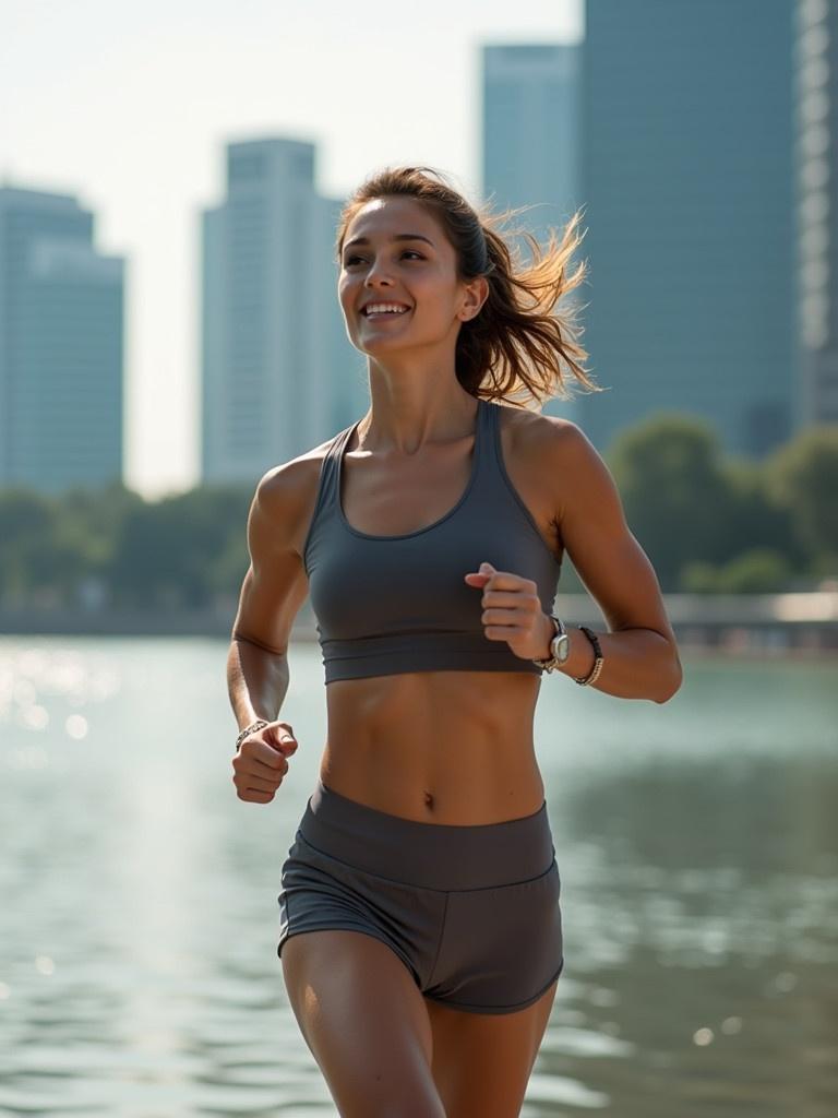 A woman runs confidently along a riverside. Defined muscles visible. The setting is Singapore with high-rise buildings in the background. The scene captures determination and vitality.