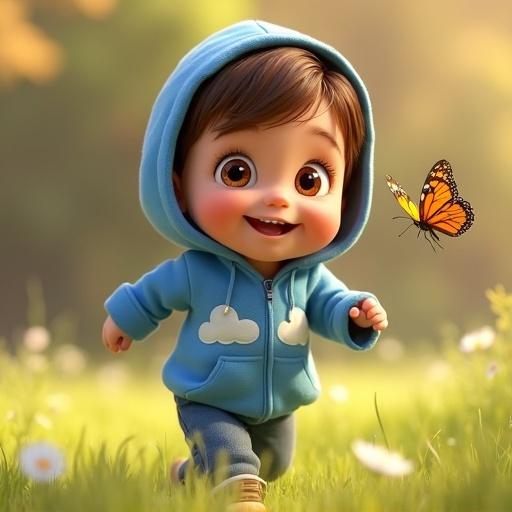 A 1-year-old baby boy with brown hair wearing a sky-blue hoodie runs in soft grass. The child smiles joyfully while chasing a colorful butterfly. The scene is in Pixar-style 3D with warm afternoon light.