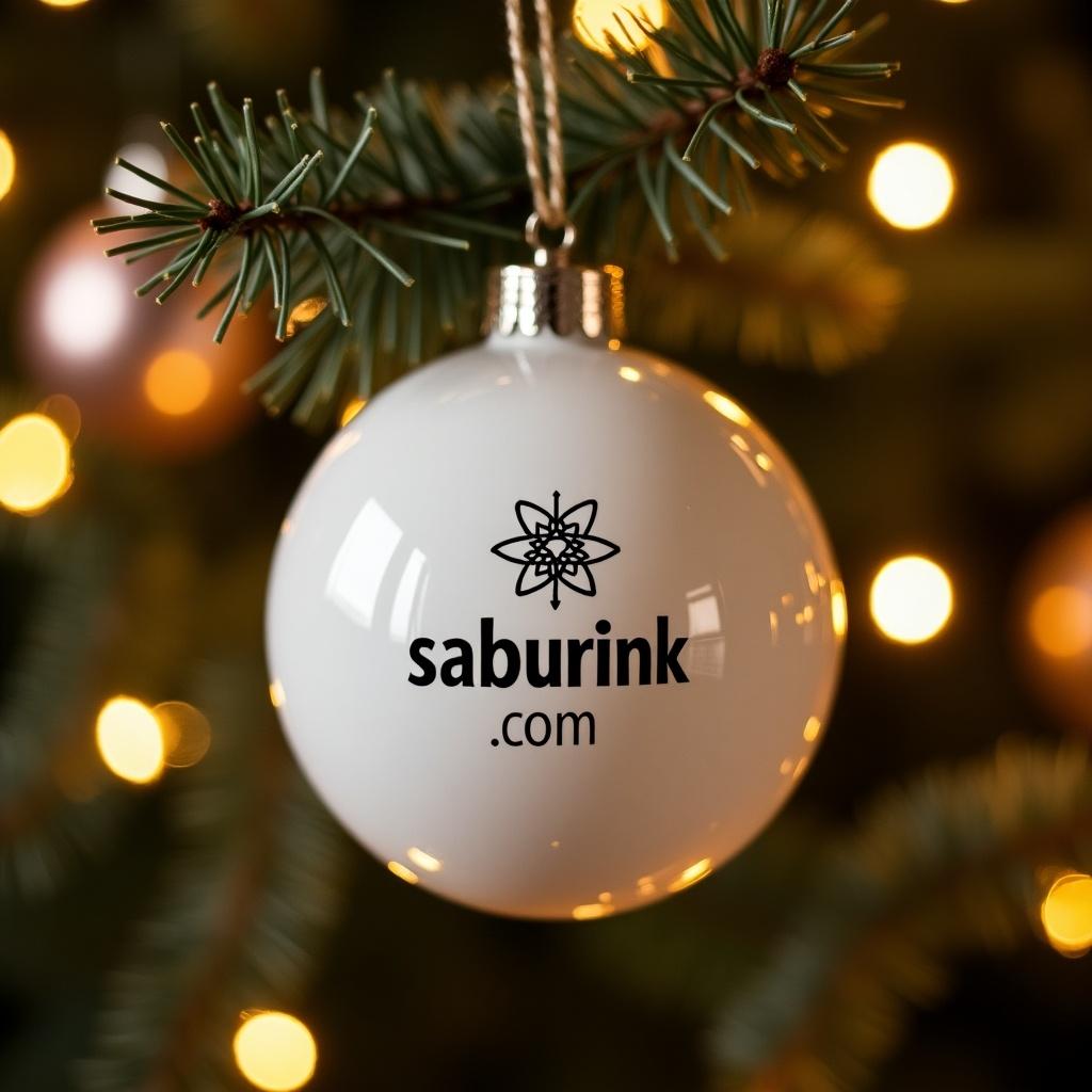 White Christmas bauble with saburink.com logo. Twinkling Christmas lights create a magical atmosphere. Highlights personalized holiday celebrations.