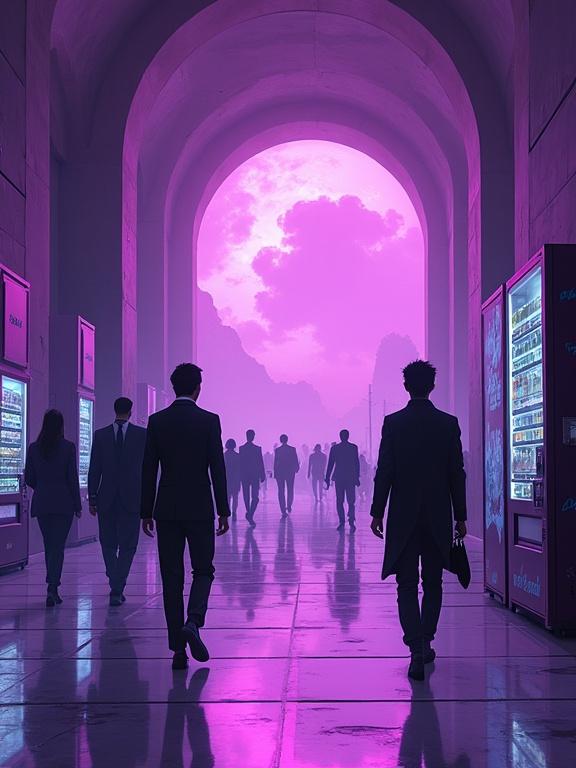 Anime style illustration of a neo futuristic building lobby in 2204. Oversized and luxurious space. Purple and black color scheme. Business professionals walking. Vending machines displayed. Morning ambiance in Rio de Janeiro.