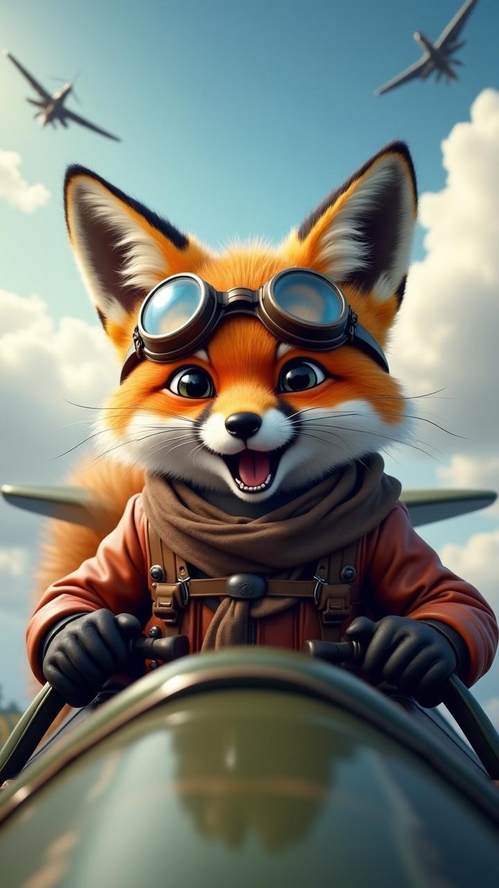 The image depicts a cheerful anthropomorphic fox pilot. Dressed in classic aviation gear, including goggles and a leather jacket, the fox appears to be in a vintage fighter plane cockpit. The setting is a clear blue sky with fluffy white clouds, and planes flying in formation are visible in the background. The scene conveys a sense of adventure and excitement.