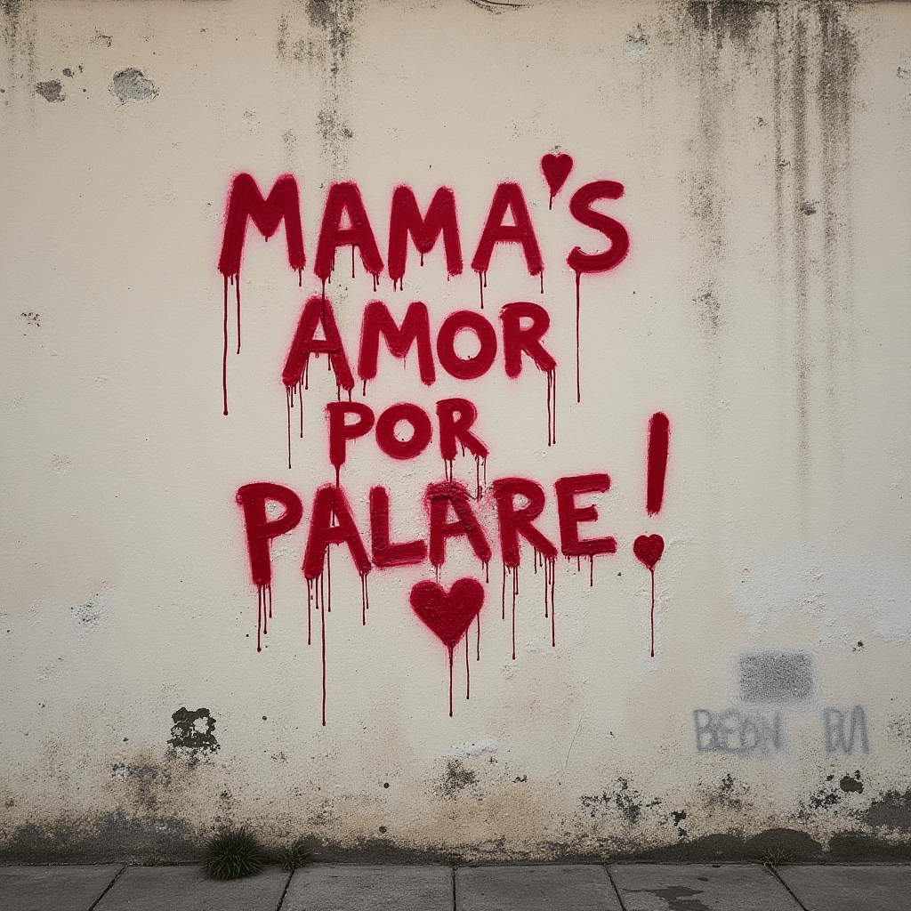 A graffitied wall with red text reading "MAMA'S AMOR POR PALARE!" accompanied by hearts.