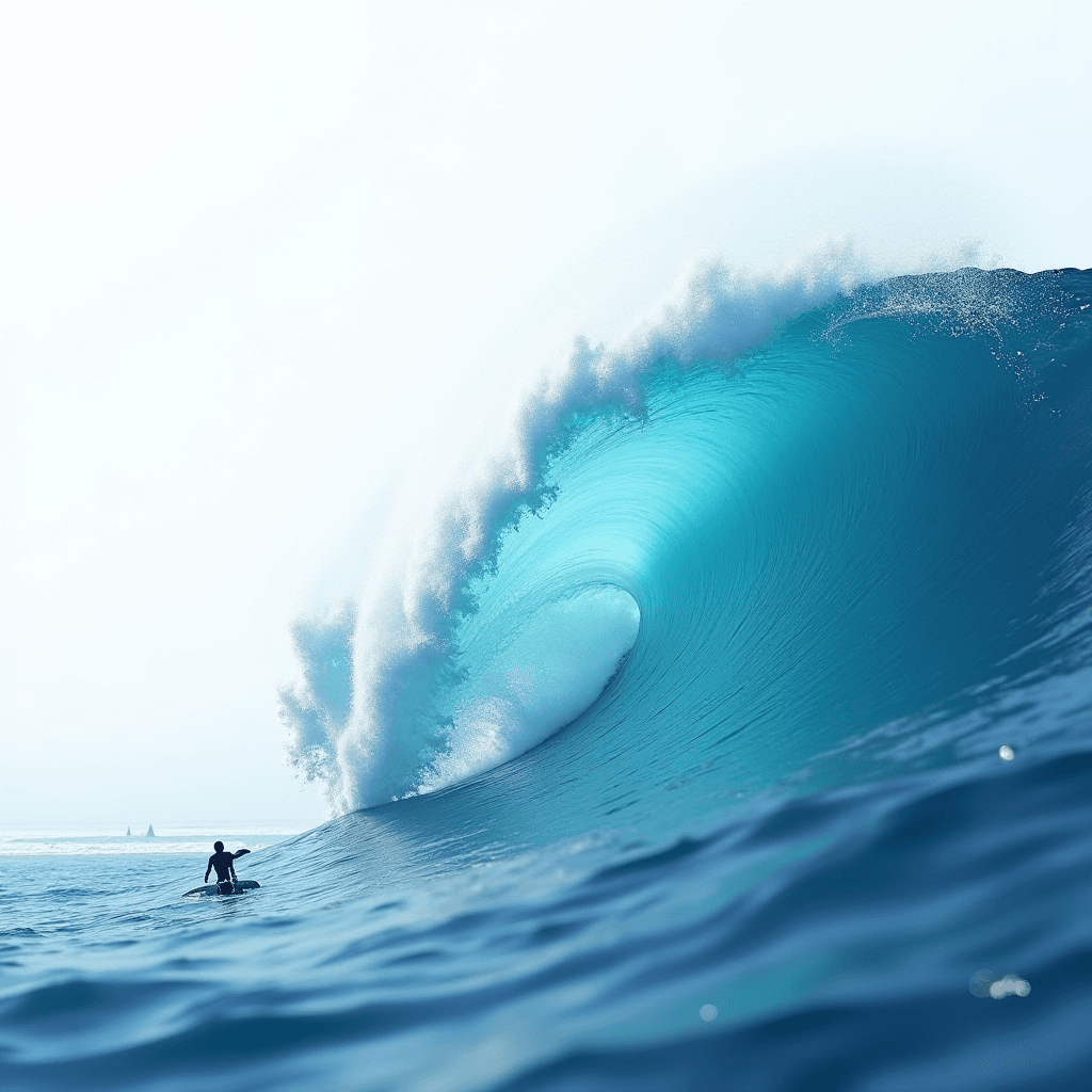 A surfer rides a massive, curling ocean wave against a clear sky.