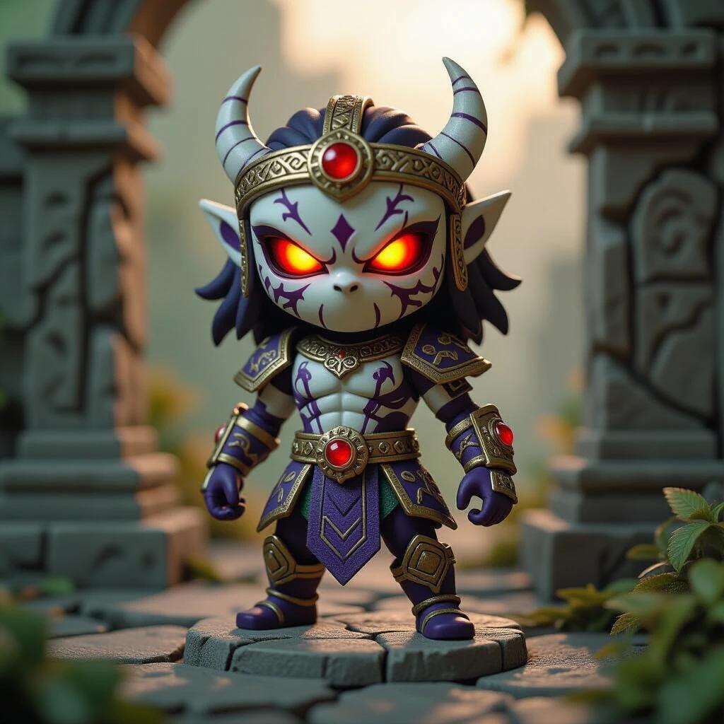 Gormiti action figure from 2008. Member of Popolo del Male Antico tribe. 6 cm tall made of PVC. Dark purple with bone white armor. Cursed armor featuring ancient runes and decay patterns. Glowing crimson eyes. Stands on cracked temple ruins with eerie vines. Soft studio lighting enhances the figure. Macro shot with shallow depth of field. Nostalgic toy photography style.