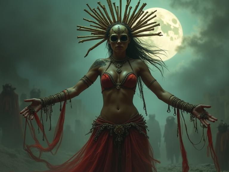 Dramatic scene with a dark sorceress. She has a skull headdress and a flowing red skirt. She casts a chaotic spell. Dark shapes are in the misty background. A full moon is in the sky.
