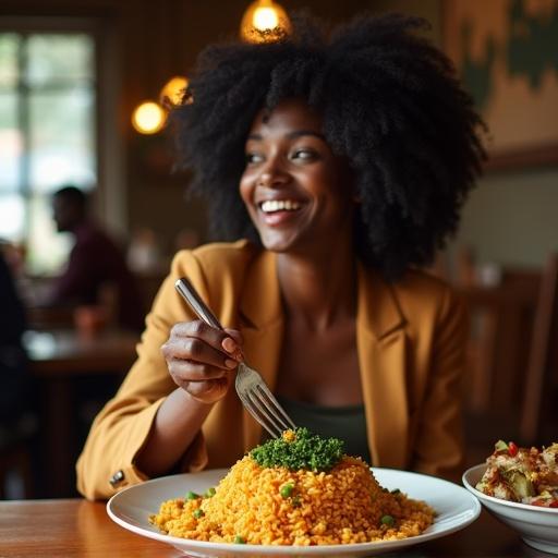 A black African woman smiles while enjoying jollof rice in a restaurant setting