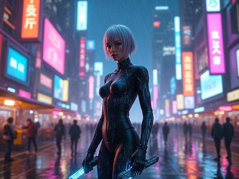 A young woman in a tech-integrated bodysuit stands in a vibrant cyberpunk cityscape at night. The city features holographic billboards and neon signs. She holds a holographic console and an energy katana. The setting includes a bustling marketplace with drones and vendors. The atmosphere is enhanced by rain and shimmering lights. Her expression is serious, and she appears ready for action.