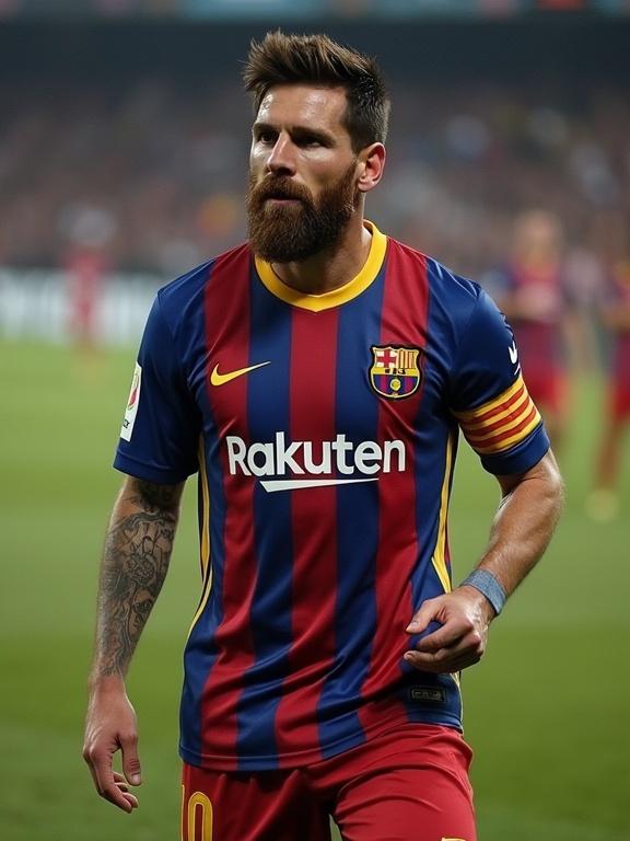 Close-up of a football player in a colorful jersey on the pitch. The player has a beard and is focused. The background shows a football match in progress.
