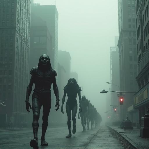 Cinematic scene of towering beings with mismatched body parts marching in fog. City with tall skyscrapers surrounding them. Shadows cast over the slick street. Giants watch from mountains in the distance. Dog of the underworld breaks ground as they step, lion-headed Xoloitzcuintli present.