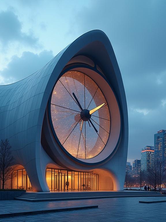 Futuristic architectural building with wave-like roof. Large clock in center illuminated at dusk. Cityscape in background.