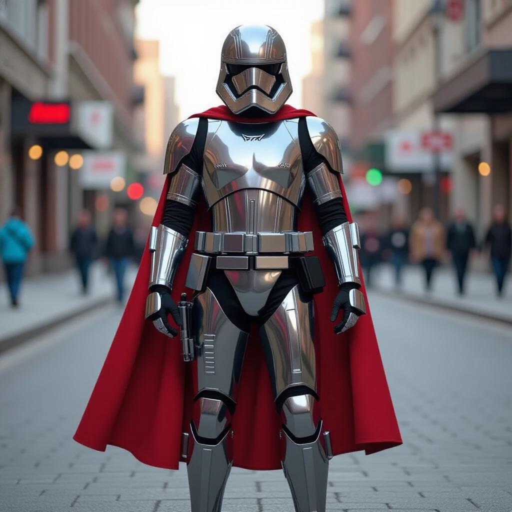 Character in shiny armor wearing a red cape in a city setting. Armor reflects surrounding environment. People walking in the background.