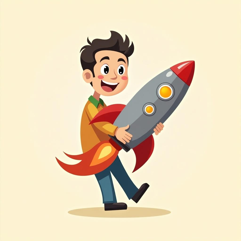 Cartoon style image of a character with a rocket. Character is smiling enthusiastically. Rocket is red and gray with flames. Background is light beige. Focus on playful theme related to technology and space exploration.