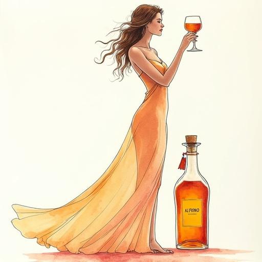 Artwork featuring a silhouette of a woman posed gracefully in a luxury garden. She wears a silky sun dress, capturing the wind. In her hand, a cocktail glass is raised in a toast. Beside her, an apothecary-style bottle labeled 'ALFRUNO' radiates a golden glow and has a cork lid.