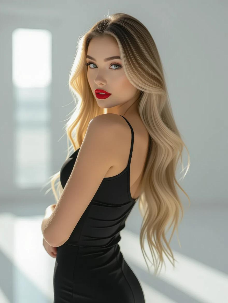 Full body shot of a young woman with long blonde hair wearing a black dress. She stands looking over her shoulder with a provocative and flirty attitude. The shot is hyperrealistic and cinematic. Focus on her stylish silhouette.