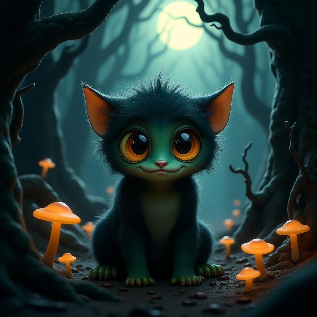 A whimsical fantasy creature in a mysterious forest. Creature has oversized ears and glowing eyes. Surrounded by soft orange mushrooms. The forest has dark trees and an enchanted atmosphere. Ideal for children's illustration.