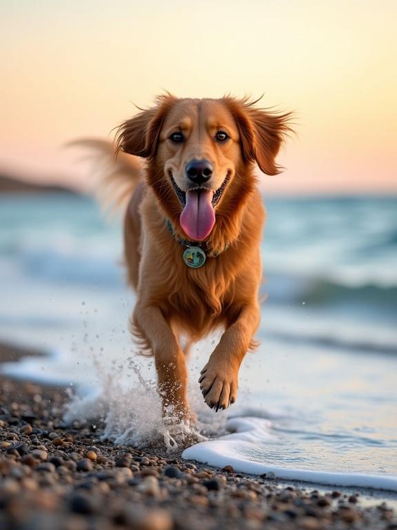 Photo of golden retriever running on pebbly beach at sunset. Ocean waves in background, dog has wet fur and tongue out. Happy expression, wearing dog tag collar. Mid-stride with splashing waves around paws. Pebbles and wet sand in foreground. Fur slightly windswept, bright natural light. Shallow depth of field, background blurred. Dog's eyes bright and alert, ears flopped. Motion captured, high-quality, vibrant colors, dog centered in frame, beach setting, summer evening, playful vibe.