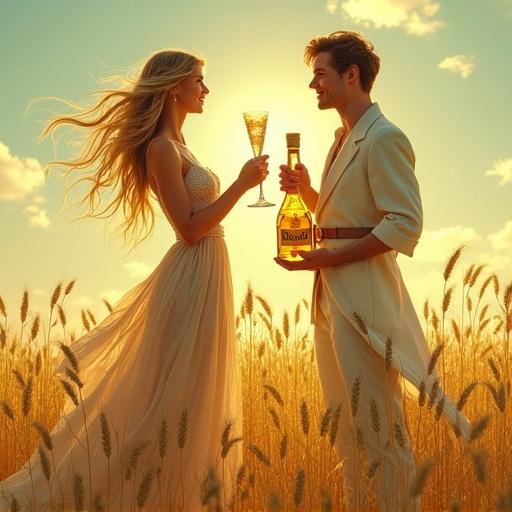 Modern goddess in flowing robe stands in golden barley field. Holding apothecary-style bottle of ALFRUNO. Offering toast with cocktail glass to male partner. Scene in soft light with golden glow in a watercolor style.