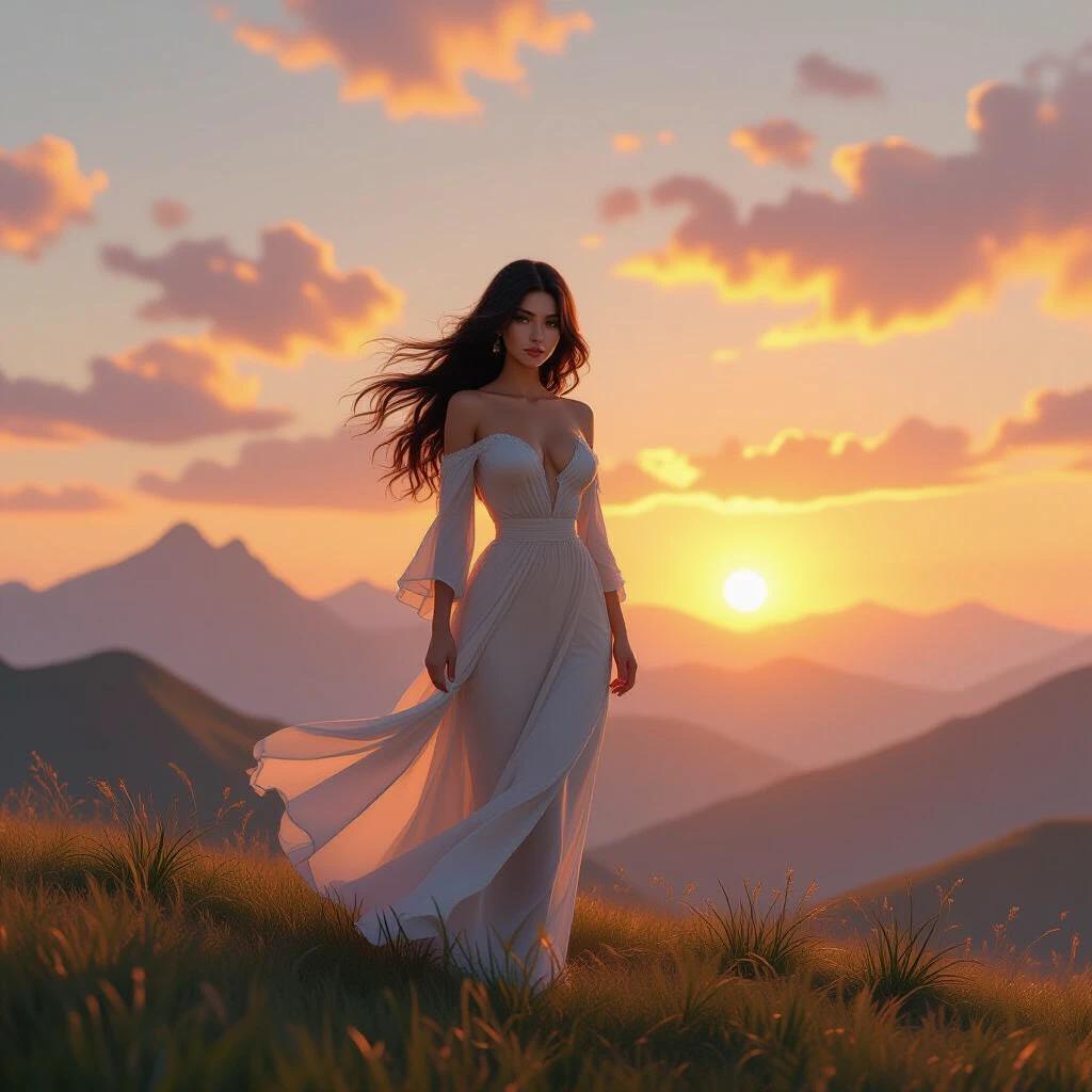 A voluptuous woman stands on a grassy hill at sunset. She faces the viewer with a calm, mysterious expression. Long hair and clothes blow gently in the wind. Majestic mountains fade into the golden horizon. The scene has rich colors and dramatic lighting. It feels soft and immersive.