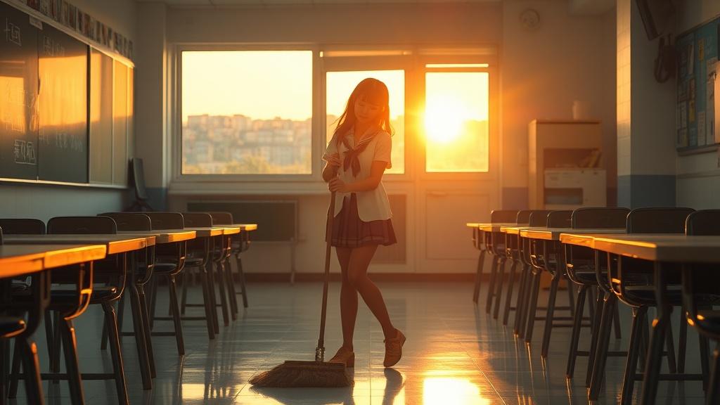 A young girl in a school uniform sweeps the floor of an empty classroom, bathed in the warm glow of a setting sun. The golden light streams through large windows, casting long shadows and illuminating the tidy, orderly rows of desks and chairs. The soft ambiance creates a peaceful and reflective atmosphere, highlighting the tranquility of the moment.