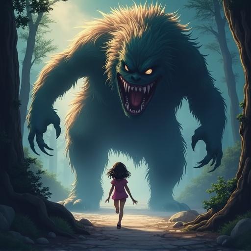 Anime image depicts a girl fleeing from a large, intimidating monster in a forest setting with whimsical lighting