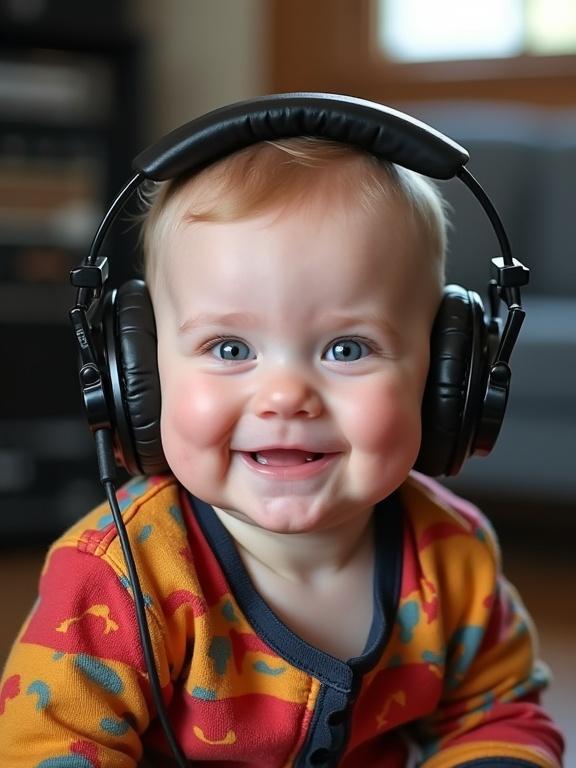 Cute baby in colorful clothes wearing large headphones smiling at the camera. Close-up of the head and neck only with soft natural lighting and blurred music studio background.