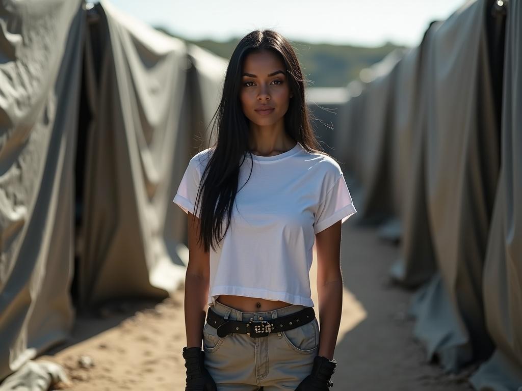 Photo of female soldier with dark hair wearing a short white t-shirt and light grey army pants. Black army boots complement the outfit. She poses in a grey tent mess hall. The scene is during the day with bright sunlight casting shadows.