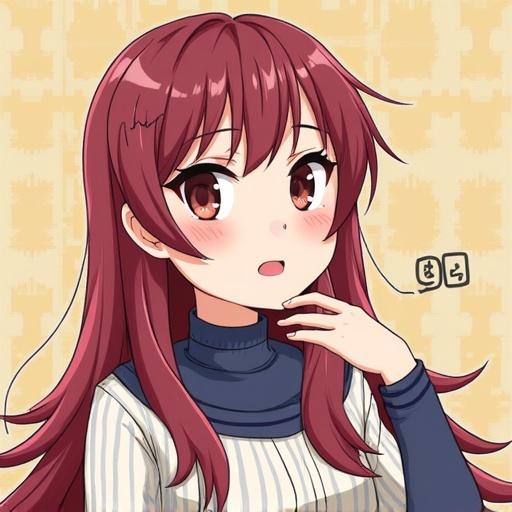 An illustration of a girl with long red hair wearing a striped sweater. She has a gentle smile and a playful expression.