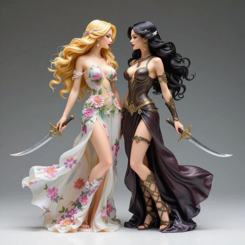 A detailed resin sculpture of twin women representing Gemini. One woman has golden blonde hair, wearing a floral dress. The other has dark brunette hair, in form-fitting armor. They wield thin swords and are connected by an energetic bond. The base features a broken mirror. The overall appearance combines sensuality and elegance.