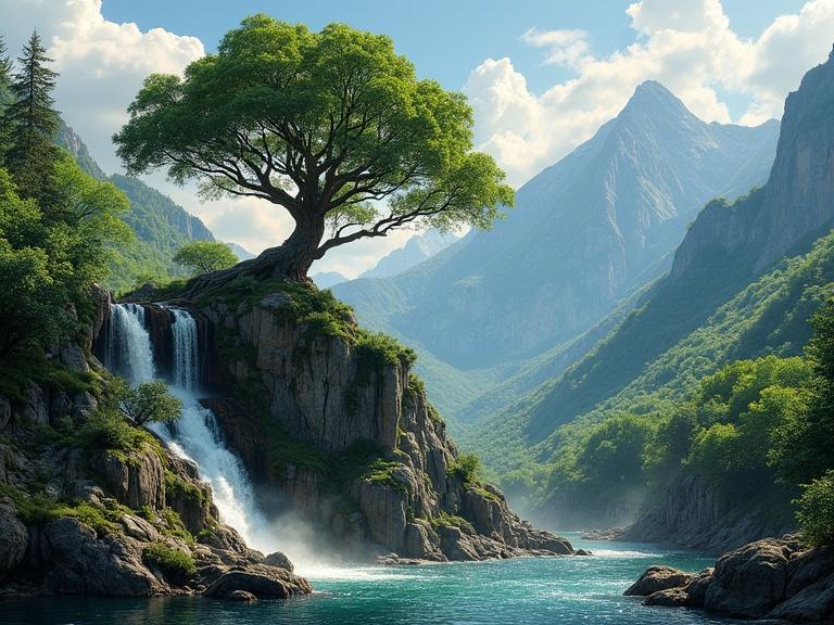 Picturesque mountain landscape features a large tree, waterfall, and lush natural surroundings. The solitary tree has a broad canopy and thick trunk. Water cascades from a rocky ledge into a clear pool. The terrain includes rugged rocks and dense foliage. Towering mountains rise in the background under a blue sky with fluffy clouds.