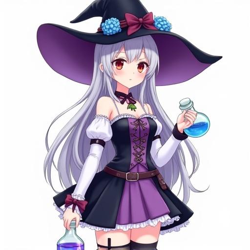 Anime-style young witch with long silver-white braided hair and bright red eyes. She wears a large purple and black pointed hat with blue flowers and a burgundy ribbon. Outfit includes a purple and black corset dress, white puffy sleeves, and a black pleated skirt. She holds a blue potion bottle and another bottle with half purple and half blue liquid. Neutral expression against a white background. Highly detailed high-quality anime illustration.