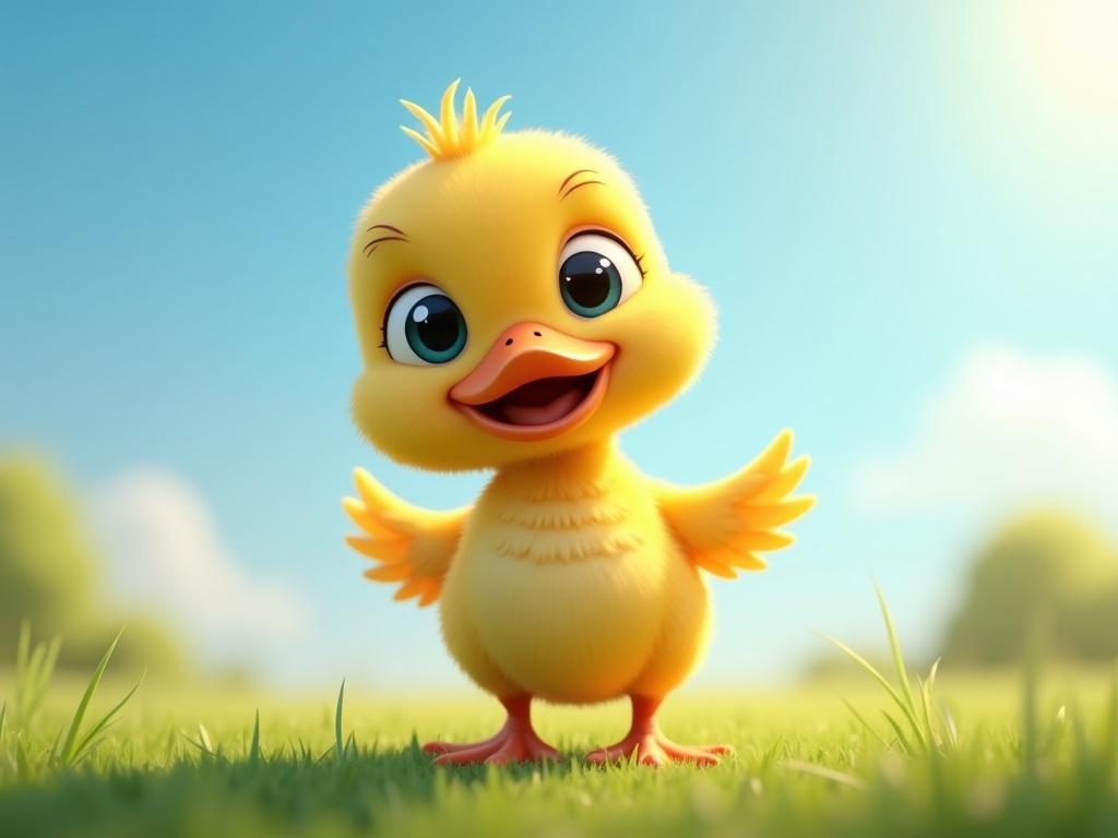 Cute 3D cartoon duckling with big round eyes shiny yellow body oversized orange beak standing on green grass sunny blue sky playful expression tilted head outstretched tiny wings soft lighting Pixar style highly detailed feathers warm friendly atmosphere