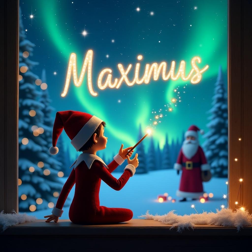 An elf on the shelf sits with its back to the viewer, delightfully facing the magical sky. The elf is holding a sparkling wand and elegantly writing the name 'Maximus' in shimmering lights. Behind the elf, there is a beautiful winter landscape adorned with northern lights and Santa Claus in the distance. The scene radiates a cozy, festive atmosphere, filled with a sense of wonder and holiday magic. This enchanting image captures the spirit of Christmas and the joy of childhood imagination.