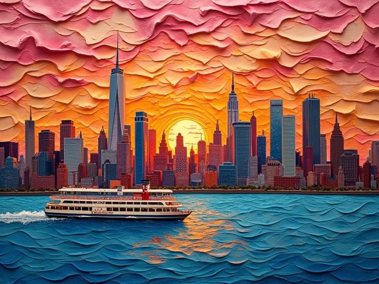 3D multi-layered New York Staten Island Ferry view collage at sunset crafted from layered fabric. Buildings are smooth colorful textile pieces with high contrast. Sky and water are quilted textures, using silk, felt, and thread in warm amber and rose for the sky and cooler blue for the water.