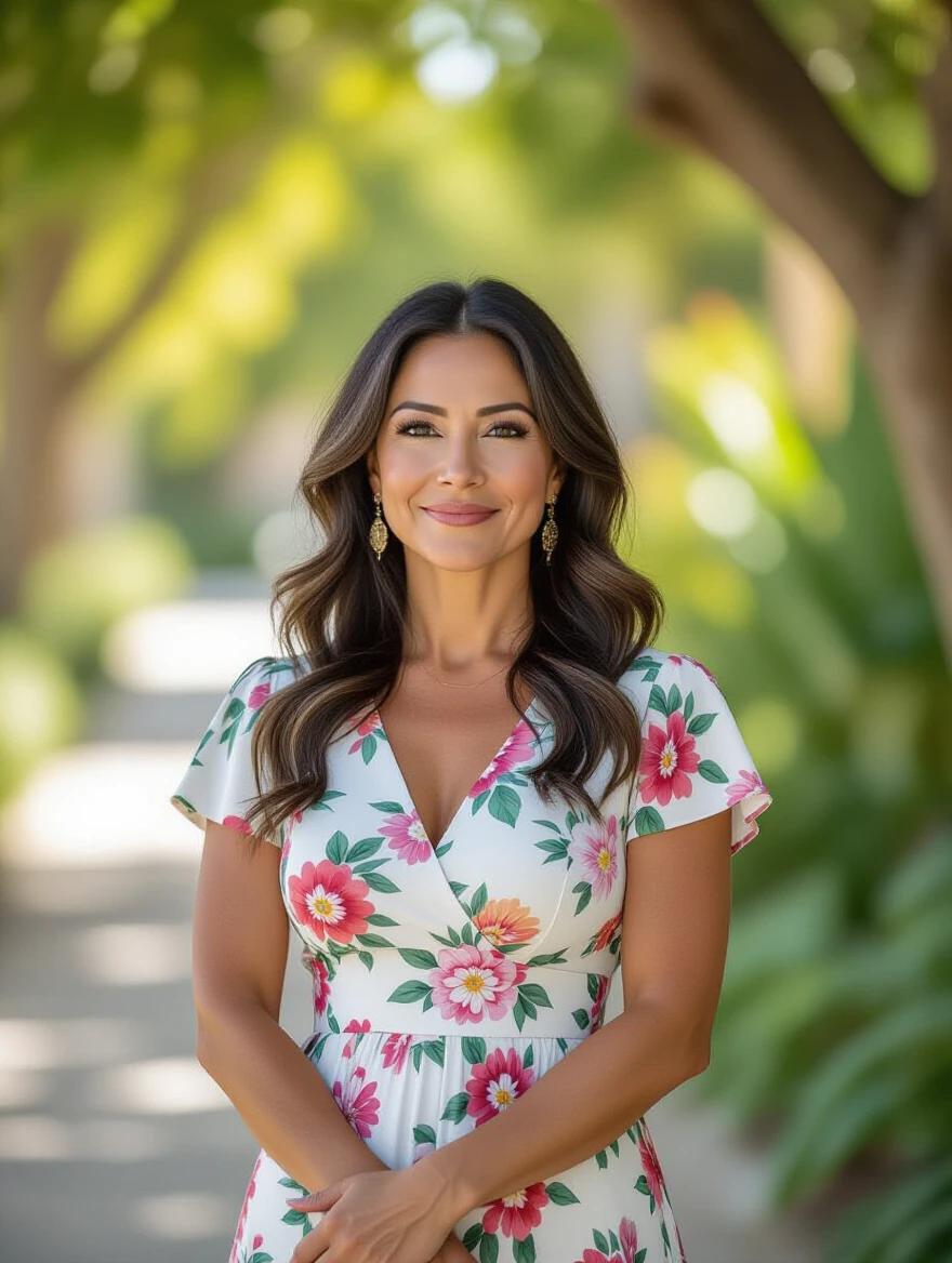 Photograph of an elegant woman in a floral dress. She has dark hair and a calm neutral expression. Hands clasped in front. Surrounded by green trees and plants. Soft sunlight filters through the leaves. Shot from the waist up, blending into the serene outdoor scene.